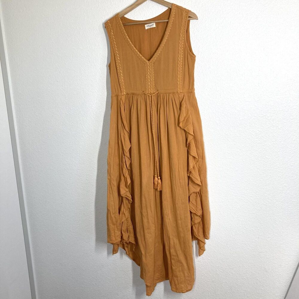 Talisman Dress Womens Small Mustard Yellow Boho Maxi Sleeveless Ruffle Tassel